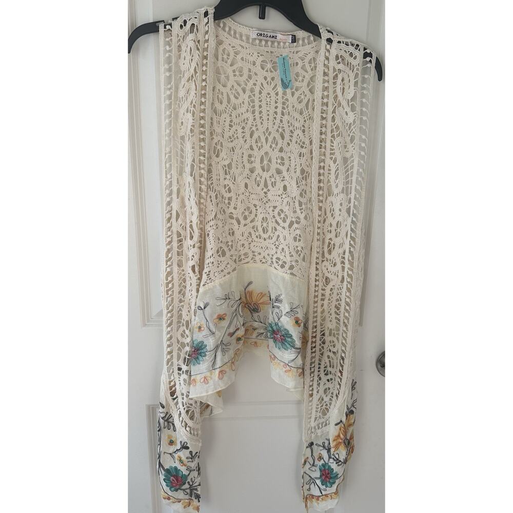 Origami by Vivien Crochet Embroidered Floral Cotton Vest Ivory Multicolor S/M